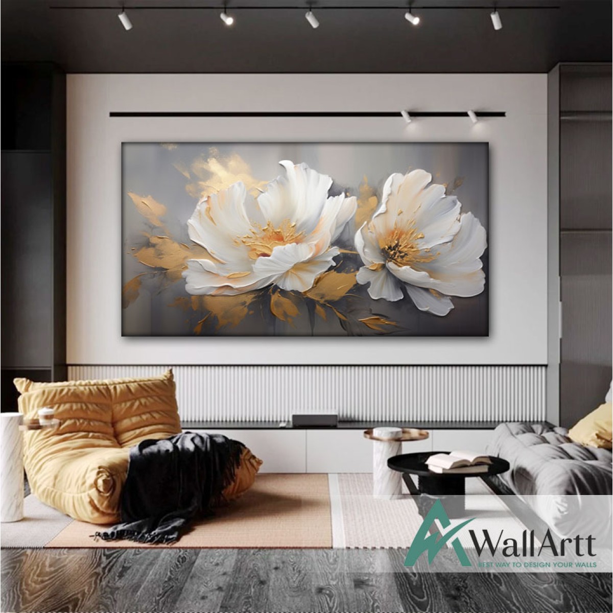 White Flowers with Gold Leaves III 3d Heavy Textured Partial Oil Painting